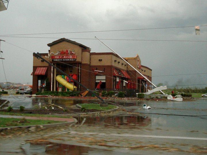 Restaurant still stands, despite having poles pushed onto it.